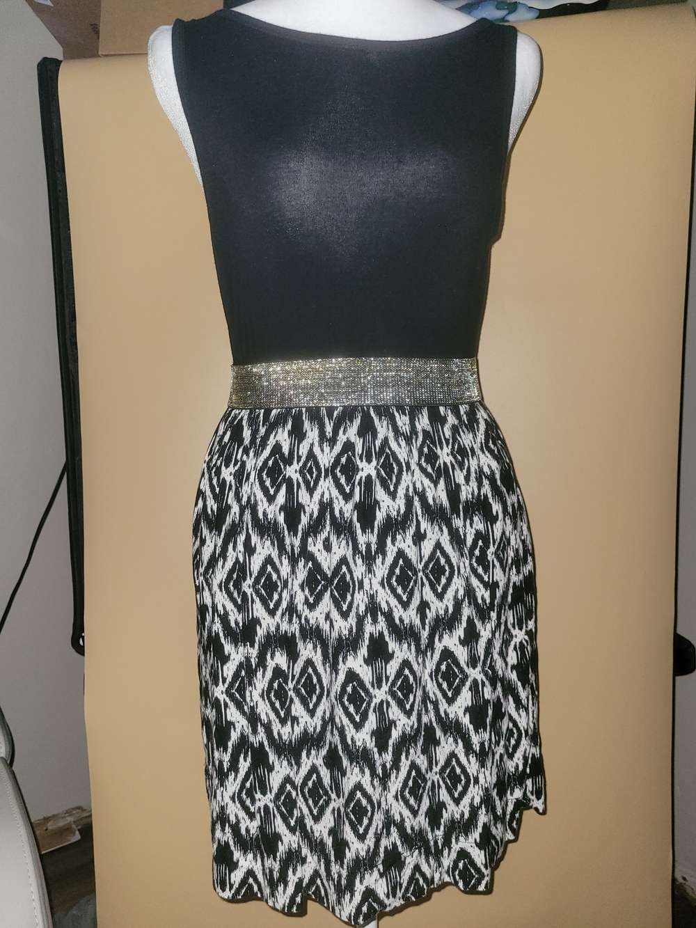Forever 21 Black and White A-Line Dress with Gold Waistband Detail